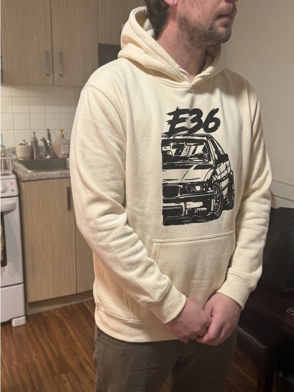 BMW Cream Hoodie with Black E36 Graphic
